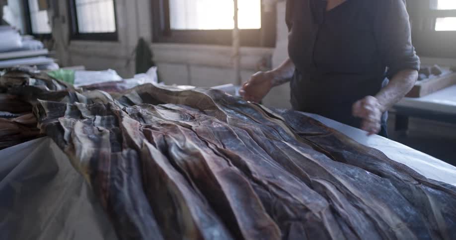 Woman working in a workshop lays thin fabric out on a plastic sheet covered mass resting on a table during the daytime
