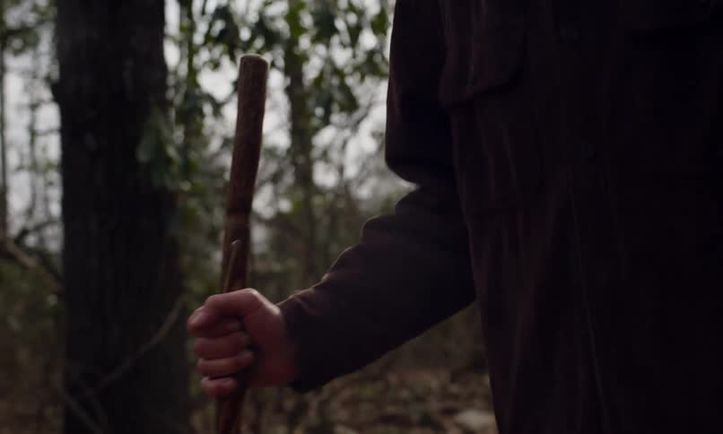 A clip of a man walking in the woods