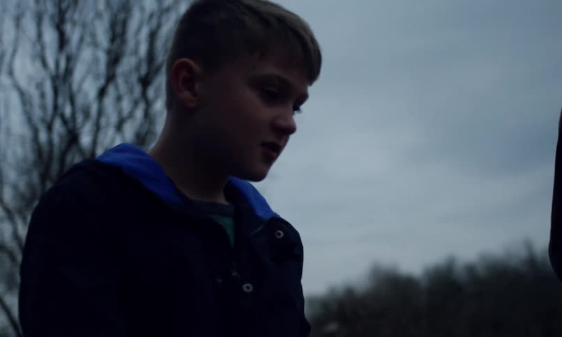 A young boy is poking a campfire with a large branch near his family in the countryside on an autumn evening