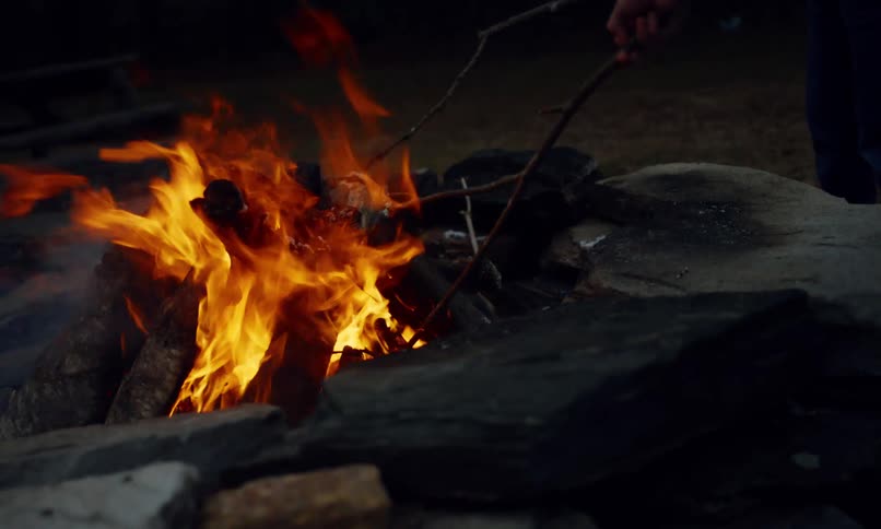 Girl holding a wooden branch and burning it in an outdoor bonfire