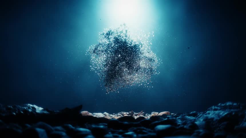 A morphing array of bubbles underwater is surrounded by light