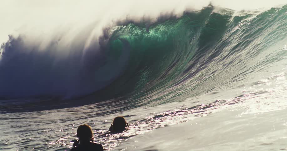People in the ocean filming a tubular wave