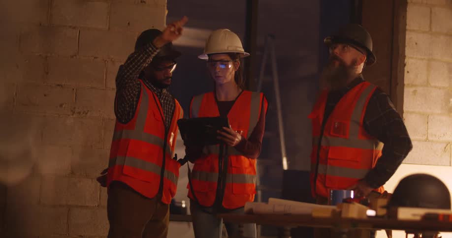 Three workers in safety gear, a woman and two men, stand and discuss construction in a building over a tablet.