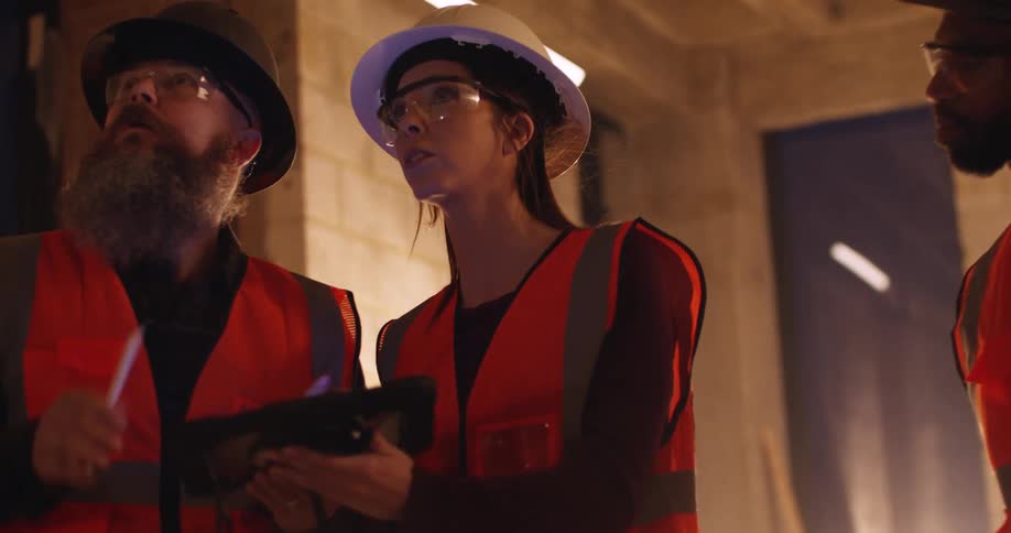 Three diverse civil engineers in safety gear and hard hats are standing in a construction site at night and comparing the progress against what they're seeing on a digital tablet.
