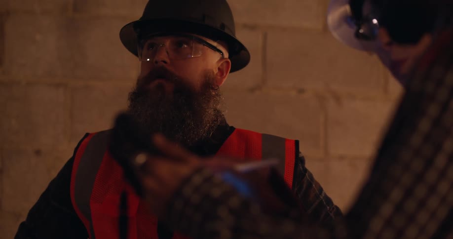 A bearded construction worker stands next to a female and male colleague, all in hard hats and safety gear, as they discuss project plans over a tablet in an indoor construction area.