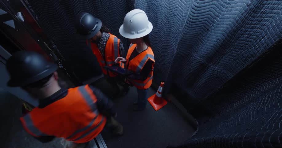 POV from above of three construction workers, a woman and two men, walking into a padded elevator with the woman holding a digital tablet and talking to the man next to her while the other man talks to someone outside the elevator before the doors close.