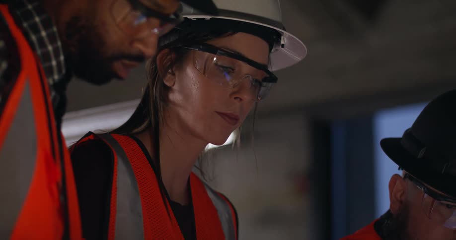 A female and two male workers wearing safety gear and hard hats are looking down at project plans and discussing them in a construction area lit by a bare bulb and fluorescent light.