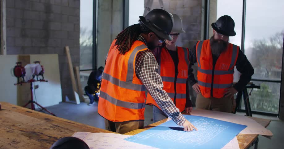 Construction coworkers consult blueprints on a wooden desk in an indoor building site, while another worker is welding and creating sparks in the background