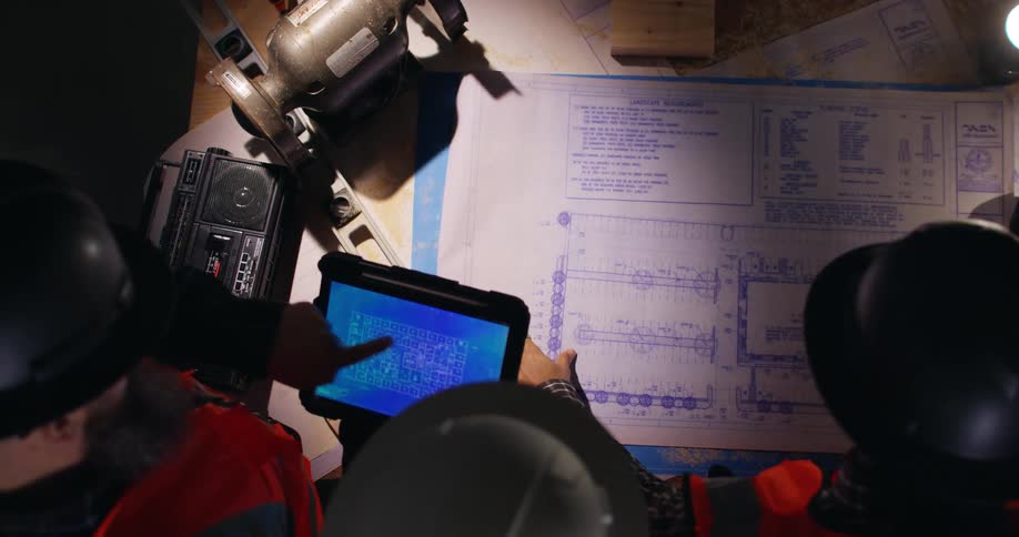 Construction workers wearing hard hats and orange safety vests examine a digital tablet displaying a detailed blueprint as one of them unrolls another set of large printed blueprints on the surface below.