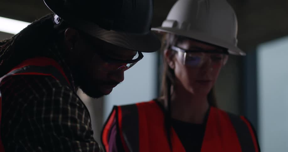 Close up of a black male civil engineer discussing project plans with a female construction foreman in a dimly lit indoor building site.