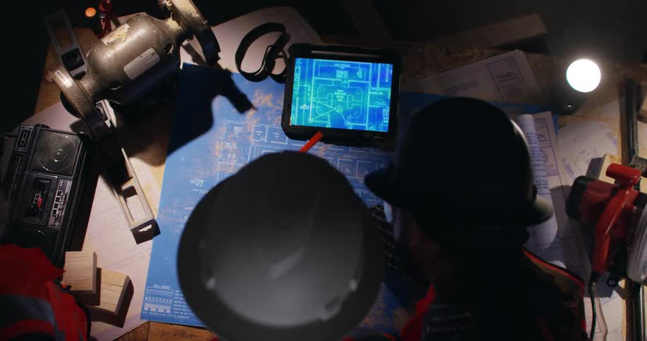 View looking down on construction workers wearing hard hats and orange safety vests as they examine a tablet displaying a detailed digital blueprint along with a large printed blueprint spread out on a table below.