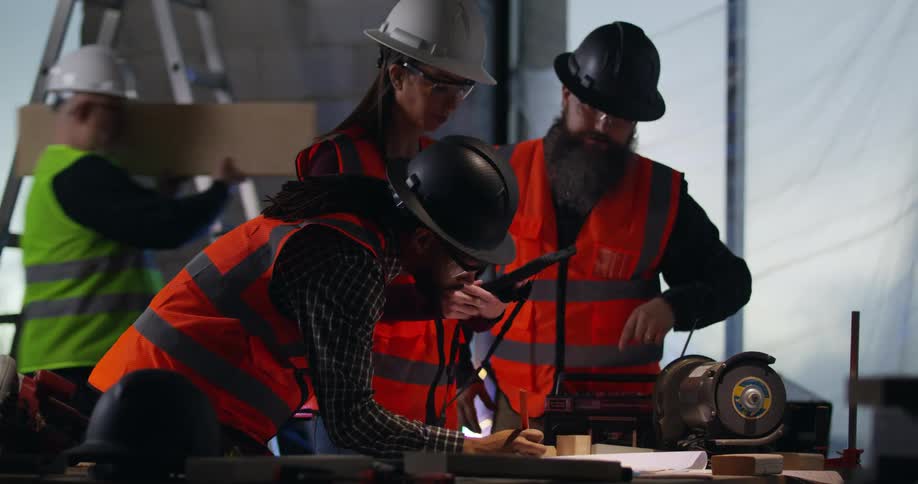 A group of three diverse construction workers, wearing safety gear and hard hats, discuss building plans and examine blueprints in the middle of a busy and bustling construction zone.