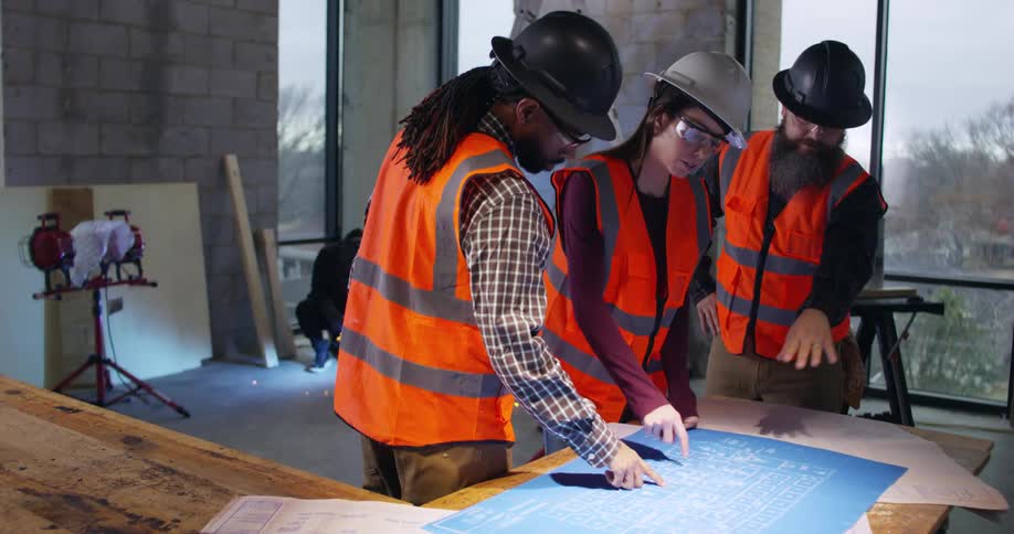 Three construction workers wearing hard hats and safety gear are standing around a wood desk in an indoor building site discussing project plans while a welder creates sparks in the background.