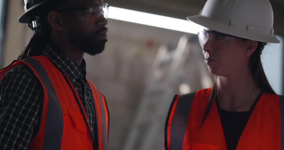 A black male and white female engineer wearing safety vests and hard hats stand in an indoor building site discussing a construction project.