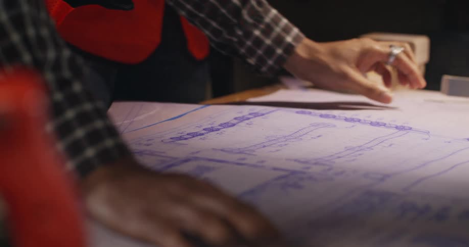 Pair of hands of a person of color unrolling blueprints and interacting with a project on the table at a construction site.