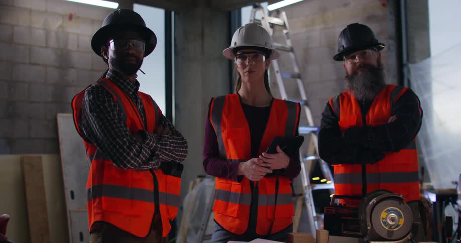 Three engineers, a black man, a bearded white man, and a woman, stand and discuss building plans at a worktable wearing hard hats, safety vests and eye protection inside a construction site, with a ladder and welding sparks flying behind them.