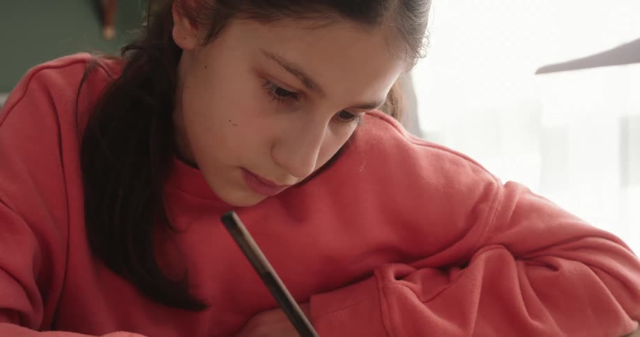 A teenage girl is using a pen to write in a book