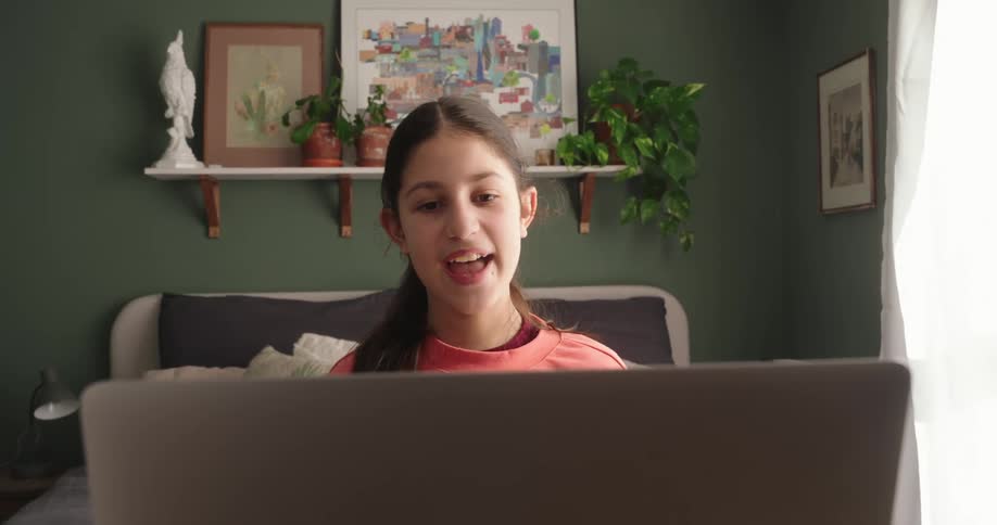 Girl sitting interacting in front of a laptop
