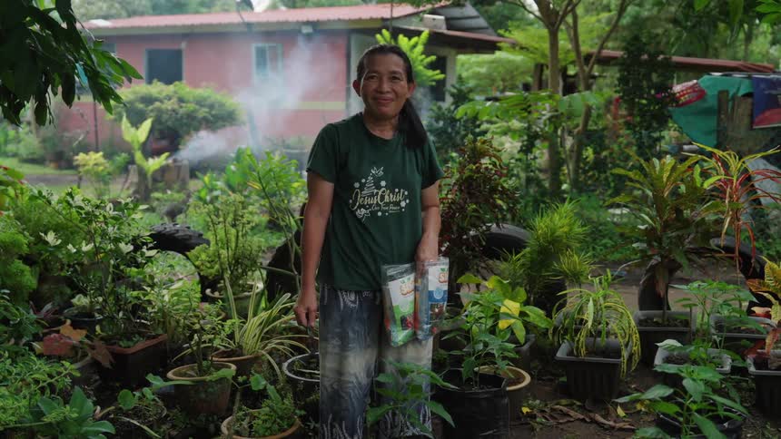 A woman stands among lush greenery as smoke subtly rises in the background possibly from a cooking fire or distant activity creating a peaceful yet dynamic scene within an outdoor setting