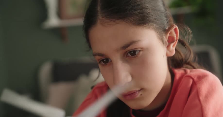 Portrait of a young teenage girl looking at wind power model