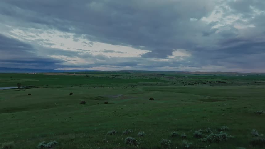 A wide green prairie stretches under a dramatic cloudy sky