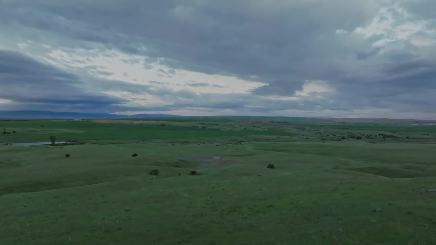 Small bodies of water dot the uneven grassland under a heavily clouded sky