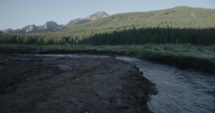 A serene slightly desaturated landscape depicts a narrow flowing river winding through a dark muddy bank in the foreground leading to a lush green forest and a distant rocky mountain range under a clear pale sky