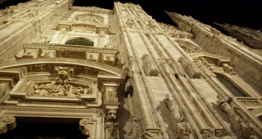 Exterior view on the wall of a gothic church at night