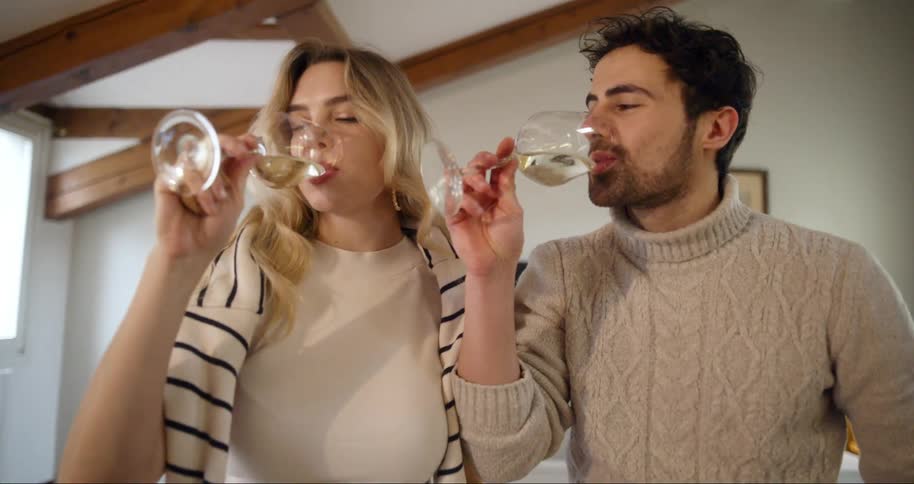 A man and woman drink wine together at home
