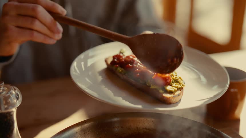 Person holds a plate with toast covered in avocado and tomato sauce while adding more ingredients with a wooden spoon