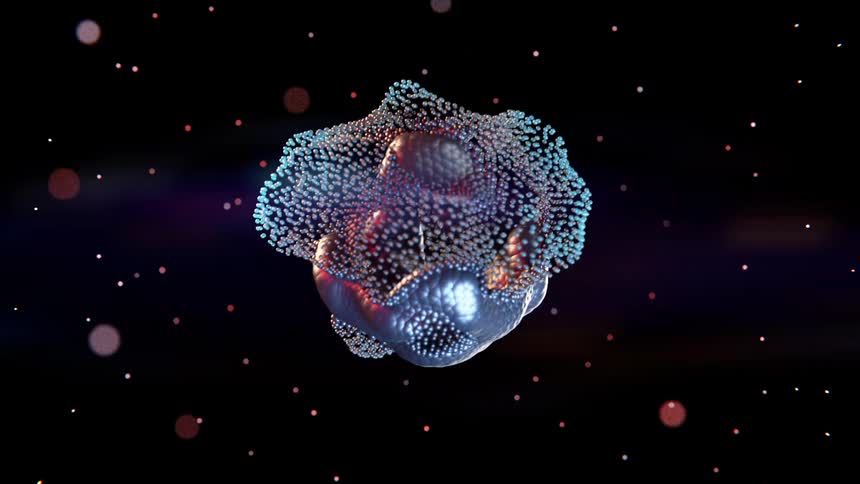 A blob constantly changes shapes and colors as it moves surrounded by an aura