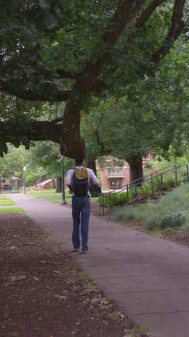 Person walking through a campus with trees and carrying a backpack