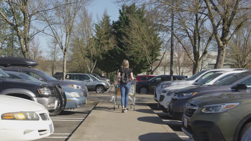 Woman pushes a shopping cart along the sidewalk between parked vehicles in a parking lot on a sunny day