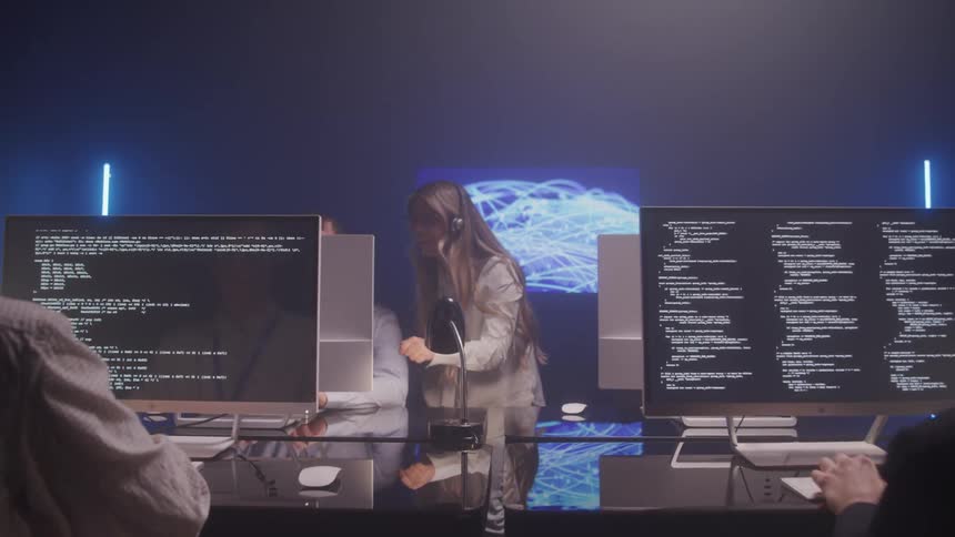 In a modern office one person talks to another at a desk while others in the foreground code on computers wearing headphones