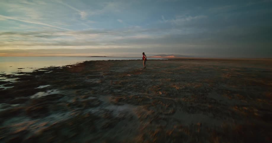 A person dances on a rocky beach with waves crashing nearby and a distant coastline under a sky streaked with clouds
