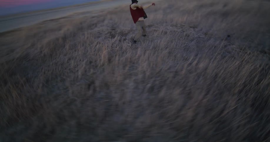 A person dances on a grassy patch near a beach and a distant coastline under a sky streaked with clouds