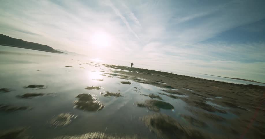 A person dances on a rocky beach with waves crashing nearby and a distant coastline under a sky streaked with clouds