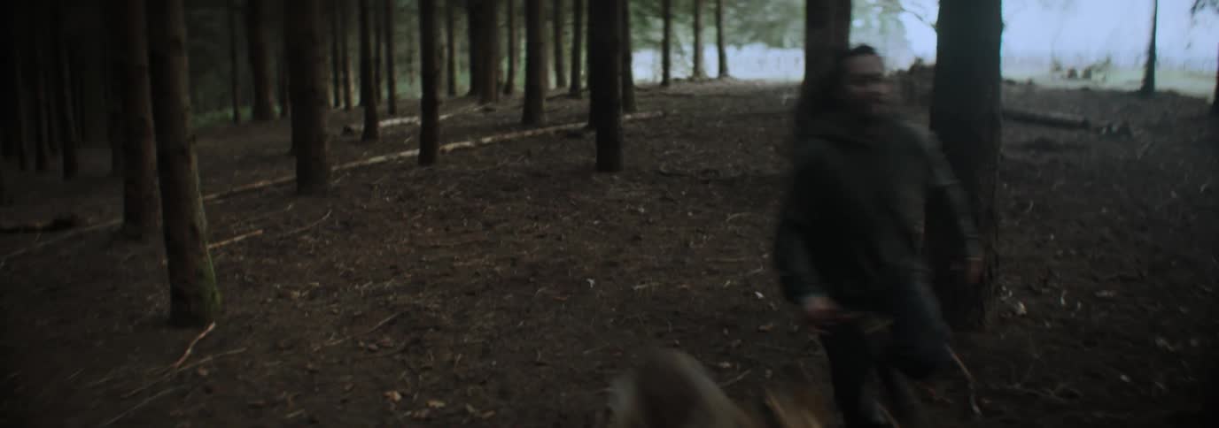 A person runs through a dense forest trail closely followed by a dog