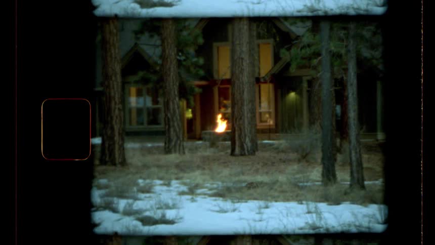 A dimly lit cabin in the woods is partially obscured by tall pine trees with a fire pit burning brightly in the foreground