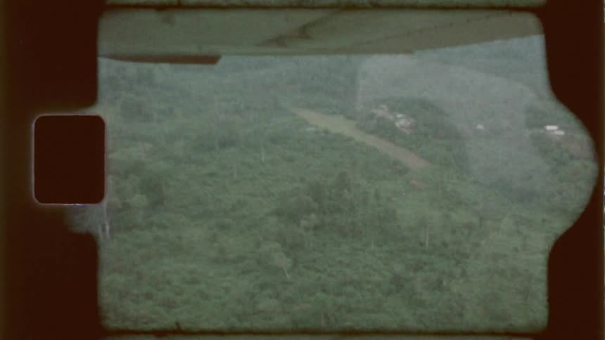 An aerial view shows a vast lush green forest with a narrow clearing cutting through it