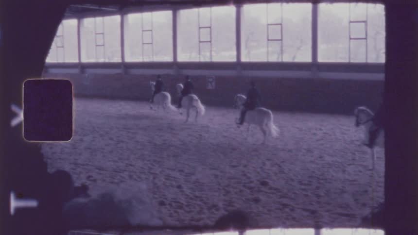 A group of people ride white horses in an indoor arena with large windows captured on vintage film