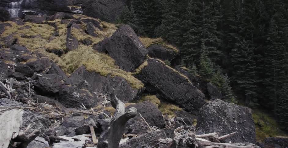 A large pile of rocks covered in debris
