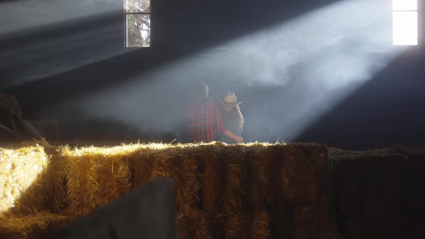 An embracing couple sits in a dimly lit barn with sunlight streaming through windows illuminating hay bales in the foreground
