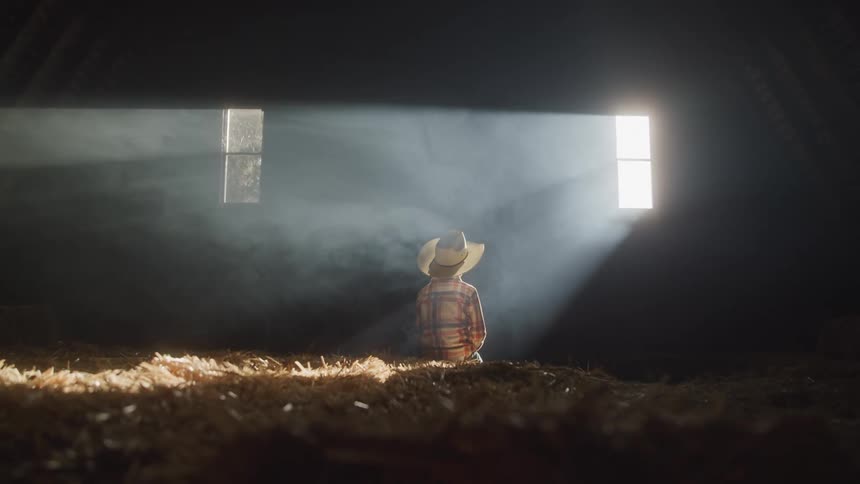 A young child in a cowboy hat sits facing a bright sunlit window in a dark barn