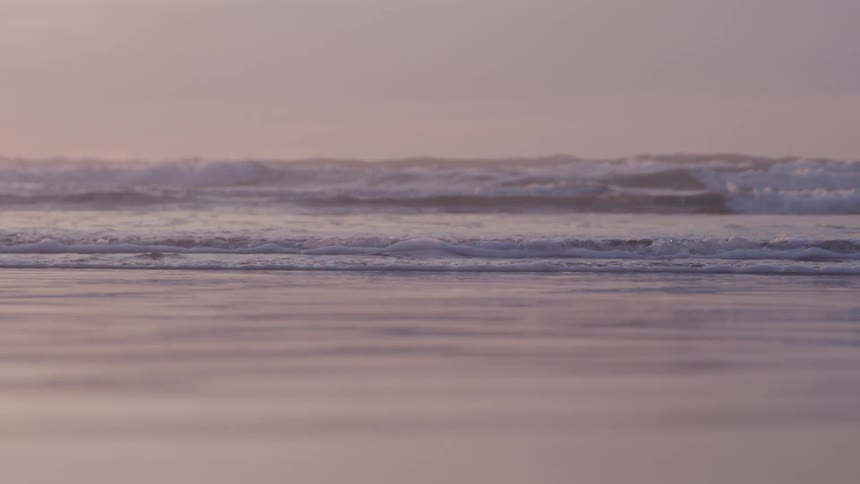 Gentle waves roll onto a wet beach under a soft dusky sky