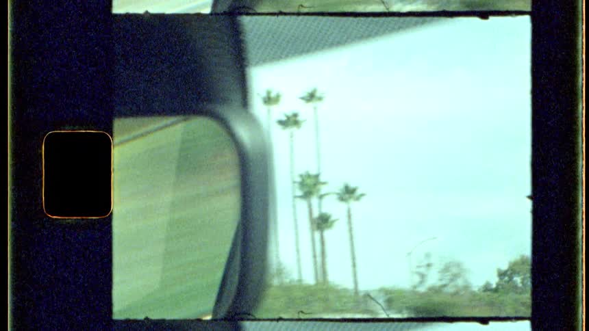 A vintagestyle shot shows tall palm trees in the distance framed through a vehicles side window