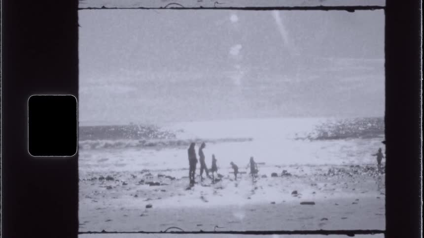 A family is walking on the sand of a beach