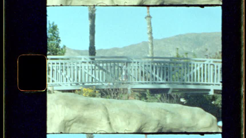 A child runs over a bridge outside with palmtrees and a mountain in the background and a rock underneath