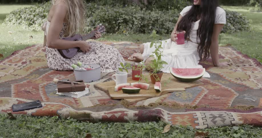 Two women sitting on a blanket and having a picnic with many trees