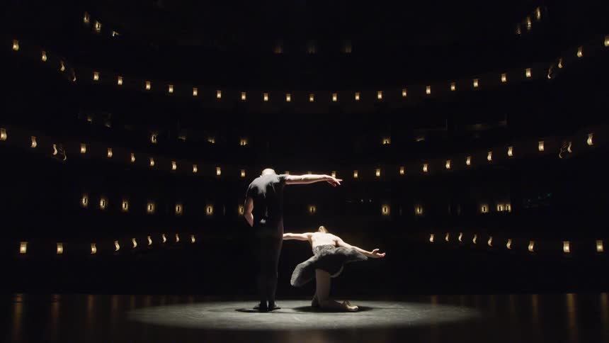 Two principal ballet dancers bowing before the audience while in the spotlight on the theater stage